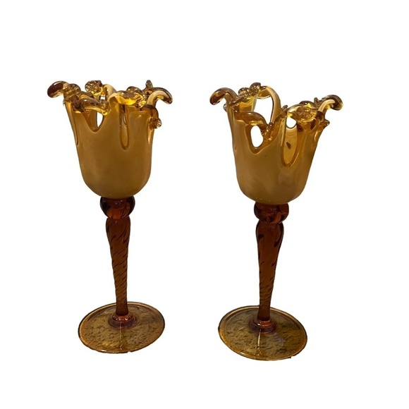 Murano Art Glass Pillar Candle Holder Set of 2 Swirl Amber